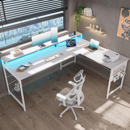 Pamray 64 Inch L Shaped Gaming Desk with Power Outlets and Led Lights, Large Corner Computer Desk with Monitor Stand and Pegboard, PC Table for Home Office and Bedroom White