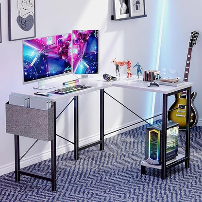 Whitmor L Shaped Gaming Desk - 50 Inch Reversible Corner Computer Desk with Wood Top, Metal Frame, CPU Stand & Side Bag, Home Office Dorm Sturdy Writing Workstation, White