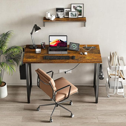 Lufeiya 40 inch Computer Desk with Power Outlet, 39 inch Teen Study Table Home Office Work Writing Desk with Charging Station Outlets Built in, Rustic Brown