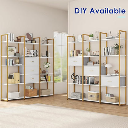 73.6" Tall Bookshelf with 3 Drawers and 16 Storage Shelves, Industrial Bookcase with 16 Open Display Shelves, Large Etagere Bookshelf, Triple Wide Book Shelf Book Case for Home & Office, Gold