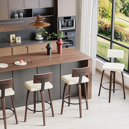 IRONCK Counter Height Bar Stools Set of 2, 29'' Faux Leather Upholstered Barstools with Back, Footrest, Wood Texture Bent Legs, Mid-Century Modern 360° Swivel Bar Stools for Kitchen Island, White