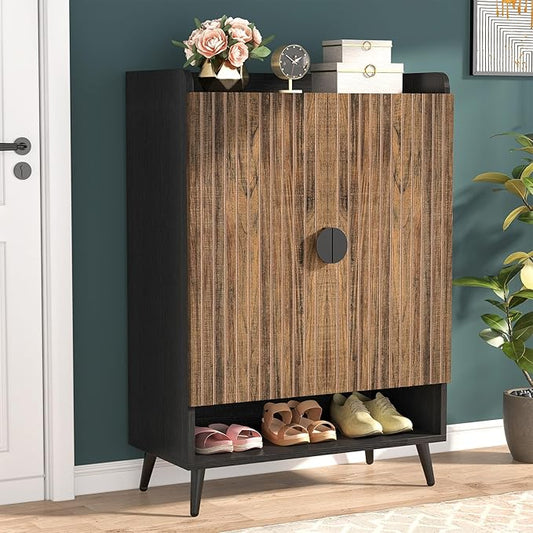 Tribesigns Shoe Cabinet with Doors, 7-Tier Shoe Storage Cabinet with Adjustable Shelves, Wooden Shoes Rack Shoe Storage Organizer for Entryway, Hallway, Closet, Living Room, Rustic Brown
