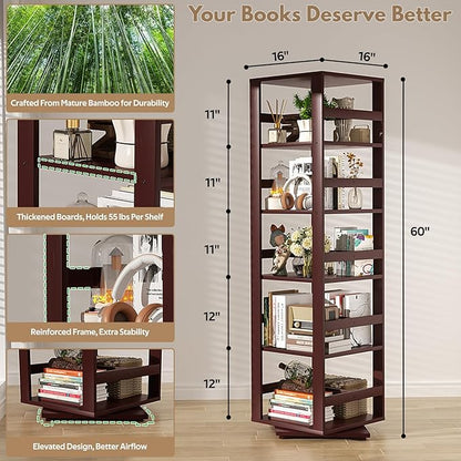 Homykic Rotating Bookshelf, Bamboo 360 Display Spinning Bookshelf Tower, 5-Tier Small Corner Bookcase for Small Spaces, Narrow Revolving Book Shelf Organizer Rack for Home Office, Espresso