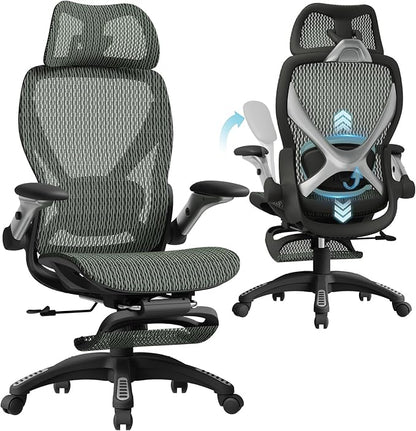 ELABEST X100 Ergonomic Office Chair with Footrest, Big and Tall Home Desk Chair with 5D Flip-Up Arms, Adjustable 3D Lumbar Support,High Back Rolling Computer Chair, Swivel Mesh Chairs (Forest Ranger)