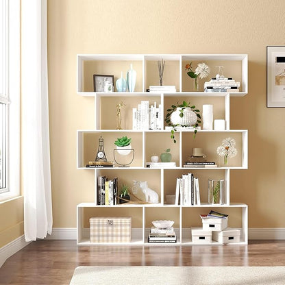 Yusong Bookshelf 5-Tier, Geometric Bookcase S Shaped Book Shelves for Bedroom, Modern Wood Decorative Display Shelf Book Case for Home Office, White