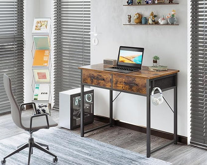 Casaottima 32 Inch Small Office Computer Desk with 2 Drawers & Headphone Hook - Compact Writing Desk for Home Office, Study or Work, Modern Space-Saving Design for Small Spaces, Pure Vintage