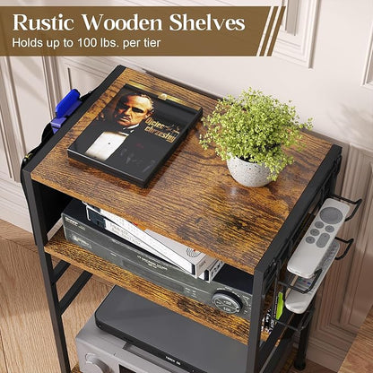 4-Tier AV Media Stand,Game Console Stand with 4 Hooks and Fabric Bags,DVD Shelf,Media Storage Cabinet,Audio Rack Record Player Stand Small Entertainment Center for Home Dorm, Apartment