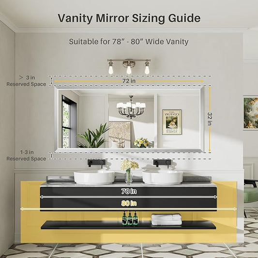 72x32 Inch Silver Bathroom Mirror for Wall, Thick Metal Framed Rectangle Mirrors for Over Sink, Bedroom, Living Room, Entryway, Anti-Rust, HD Tempered Glass