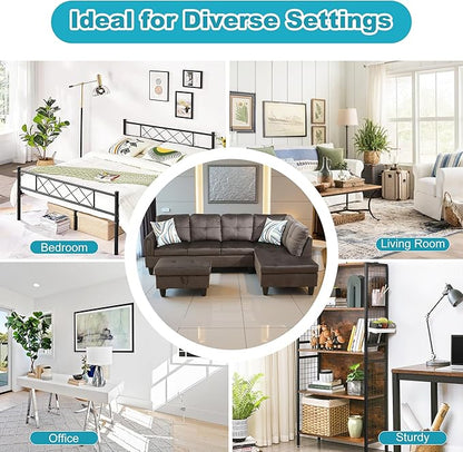 Couches for Living Room Modern L Shaped Couch Comfy Flannel Fabric 3 Pieces Sectional Sofa with Chaise, Ottoman with Storage for Office and Small Apartment, Dark Brown