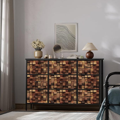 TV Stand with 9 Drawers, Chest of Drawers with Fabric Bins, Black Wood Top Dresser for Bedroom, Storage Organizer Cabinet for Closet (Brown)