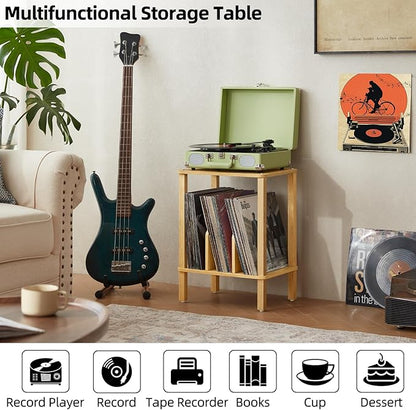 LELELINKY 2-Tier Bamboo Record Player Stand Set of 2 with Vinyl Record Storage up to 100 Albums, Boho Bedroom Record Holder and Multi-Functional End Table for Living Room, Natural