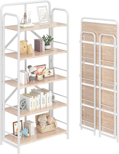 4NM No Assembly Folding Bookshelf 5 Tiers Vintage Industrial White Book Shelf Metal Foldable Storage Bookcase and Bookshelves for Living Room,Bedroom and Kitchen - Natural