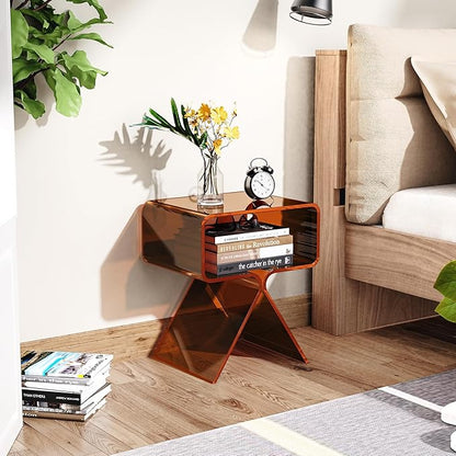 Acrylic Nightstand Side Table Modern Design Clear Home Decor Display End Table for Living Room (Dark Brown)