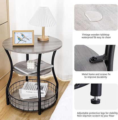 Small Side Table Round End Table with Storage Shelves Basket, 3-Tier Accent Corner Sofa Couch Side Tables Coffee Drink Table for Small Spaces,Round Nightstand for Living Room, Bedroom, Greige