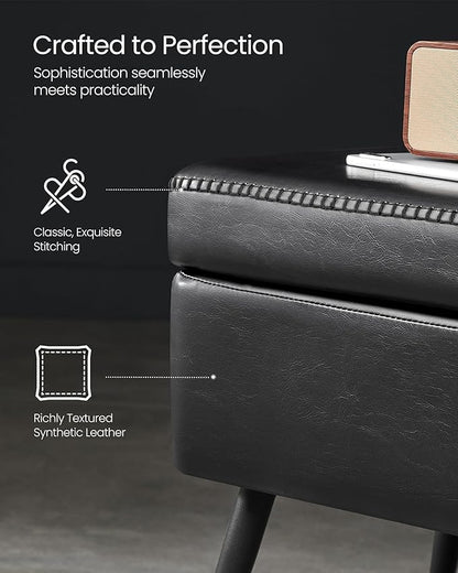 VASAGLE EKHO Collection - Storage Ottoman Bench, Entryway Bedroom Bench, 15 Gallons, Synthetic Leather with Stitching, Mid-Century Modern, Safety Hinges, Loads 660 lb, Ink Black ULOM074B01