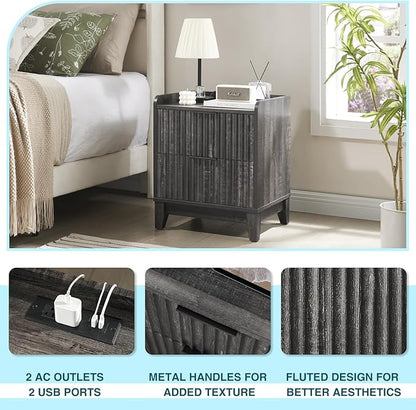 Wnutrees Fluted Nightstand with Charging Station, Modern Bedside Table with 2 Drawers, Farmhouse Wooden End Side Table Living Room, Dark