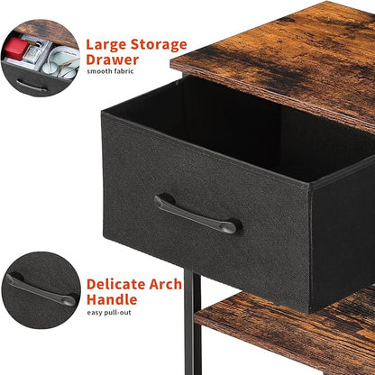 Nightstands Set of 2 with Charging Station and Drawer, End Table Side Table with 20 Colors LED Light Strip and 2 Layers Shelf for Bedroom Living Room Sofa (Rustic Brown)