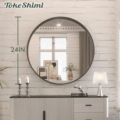 TokeShimi Round Black Mirror 24 Inch for Wall Decor Black Circle Bathroom Mirror with Non-Rusting Aluminum Alloy Brushed Matte Metal Frame for Modern Minimalist Farmhouse Home Decor