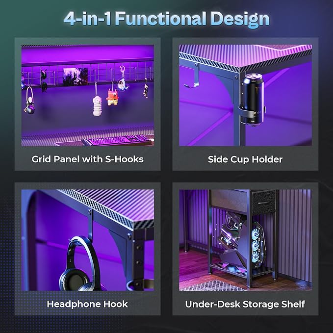 PRAISUN L Shaped Gaming Desk with Shelves, Corner Computer Table with LED Lights, Power Outlets and USB-C Ports, 50 Inch Home Office Desk with Storage Drawer, for Work and Study, Carbon Fiber Black