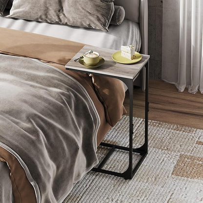 WLIVE C Shaped End Table, Small Couch Side Tables with Metal Frame, Sofa Table TV Tray for Living Room, Bedroom, Greige