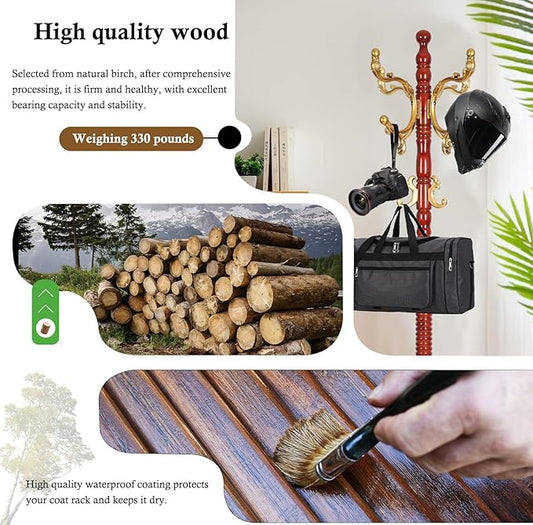 Coat Rack Stand, Solid Wooden Coat Tree with 14 Hooks, Heavy Duty Coat Rack Freestanding with Sturdy Round Base, Natural Birch Wood Coat Hanger Stand for Entryway Bedroom (Begonia)