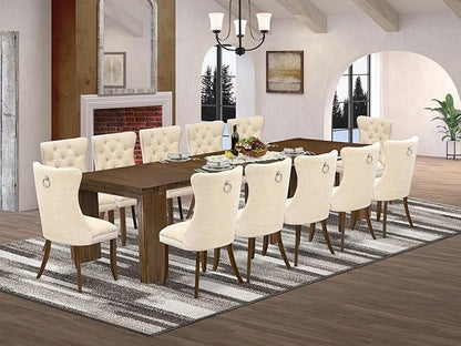 X12DA-008-32 - 13 Pieces Dining Room Set contains an Extendable Rectangle Kitchen Table and 12 Polyester Fabric Dining Chairs, 39x120 Inch, Antique Walnut