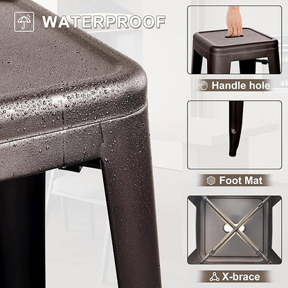 30 Inches Metal Bar Stools, High Backless Stools, Indoor Outdoor Stackable Kitchen Stools, Set of 4, Brown