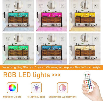 Dresser for Bedroom, 6 Drawers Led Dresser TV Stand with Power Outlets and LED Lights, Long Fabric Dressers Wide Chest of Drawers with Large Organizer Shoe Rack for Living Room, Entryway
