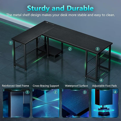 Casaottima 59 Inch L Shaped Gaming Desk with Shelves & Power Outlets, Reversible Computer Desk with Storage Shelves for Home Office, Black