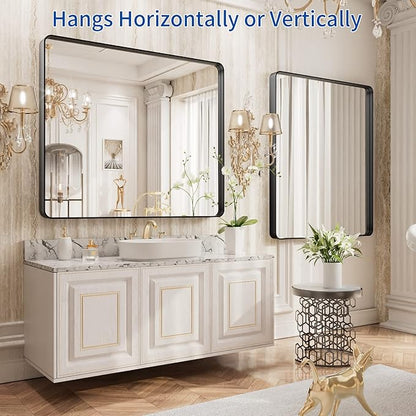 WEER Black Bathroom Mirror, 40X32 Inch Rectangular Matte Black Metal Framed for Wall, Farmhouse Bathroom Vanity Mirror with Tempered Glass, Rounded Corner, Anti-Rust (Horizontal/Vertical)