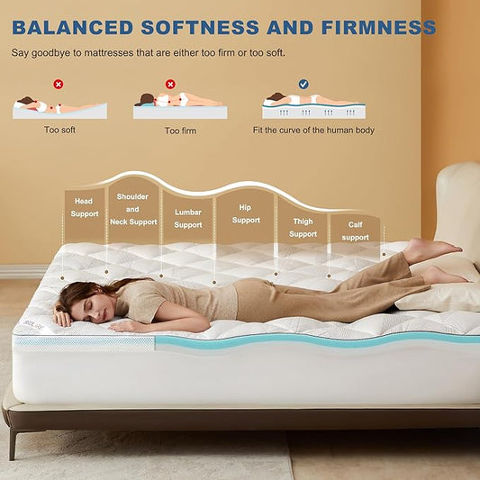 Bedlore 4-Inch Queen Mattress Topper for Back Pain - Dual Layer Medium Support (2" Gel Memory Foam + 2" Cooling Fluffy Pillow Top Pad), Breathable & Pressure Relief (White)