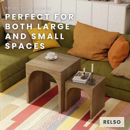 Relso Arch Duo Solid Mango Wood Nesting Tables for Living Room Set of 2 | Stylish Sustainable Design Side Tables | Pre-Assembled Unique Arched Cutouts | Mid Century Accent Table (Rustic Natural)
