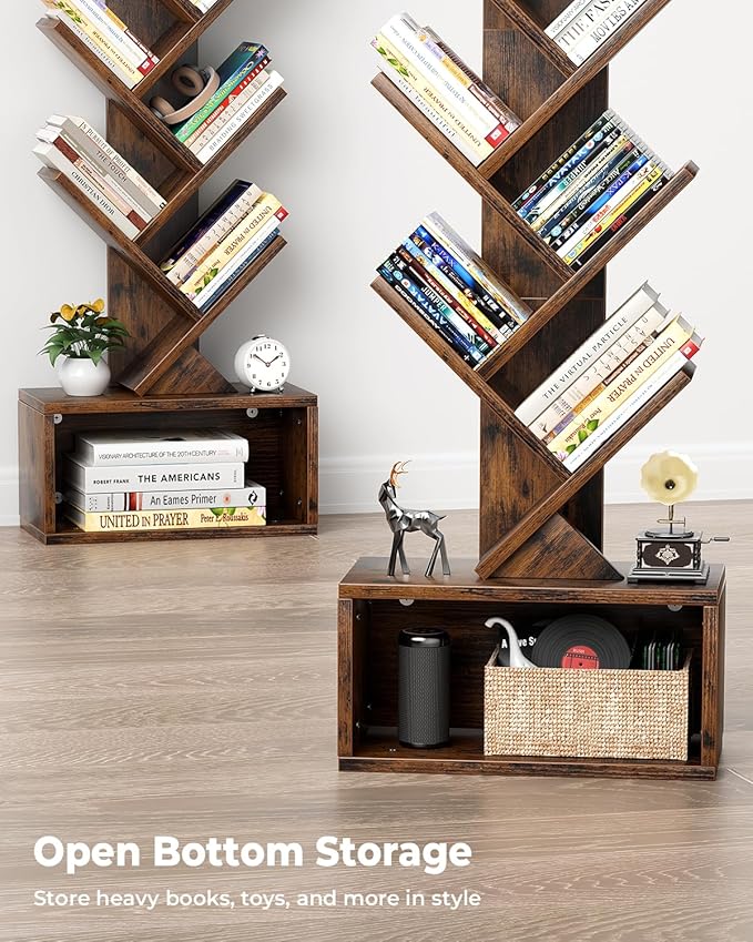 Tree Bookshelf with Light, 6 Tier Small Bookcase, Narrow Floor Standing Book Tower Organizer with Storage Cabinet for Living Room, Bedroom and Home Office, Rustic Brown