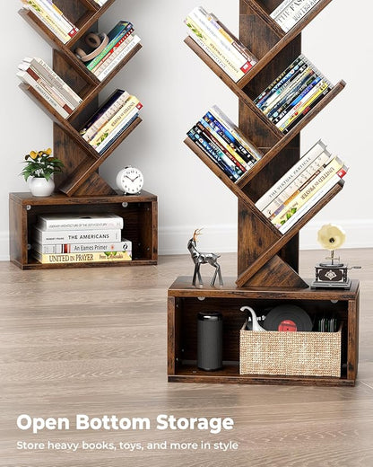 Tree Bookshelf with Light, 6 Tier Small Bookcase, Narrow Floor Standing Book Tower Organizer with Storage Cabinet for Living Room, Bedroom and Home Office, Rustic Brown
