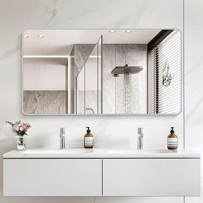 55x30 Inch Silver Bathroom Mirror, Large Rectangular Vanity Mirror, Metal Framed Rectangle Mirrors, Rounded Corner Wall Mounted Mirrors for Living Room Bedroom Entryway Horizontal or Vertical