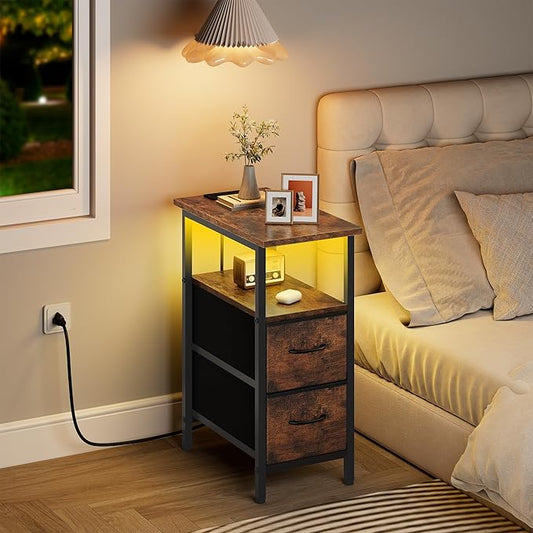 Vagusicc Nightstand with Charging Station and LED Lights, Narrow Side Table, LED Night Stand with 2 Fabric Drawers, Bedside Table with USB Ports and Outlets, Tall Nightstand for Bedroom, Rustic Brown