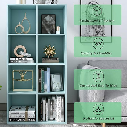 8-Cube Storage Shelf Bookcase - Wooden 4-Tier Floor Standing Open Bookshelf, Modern TV Stand up to 55 Inchs for Home and Office, Light Blue