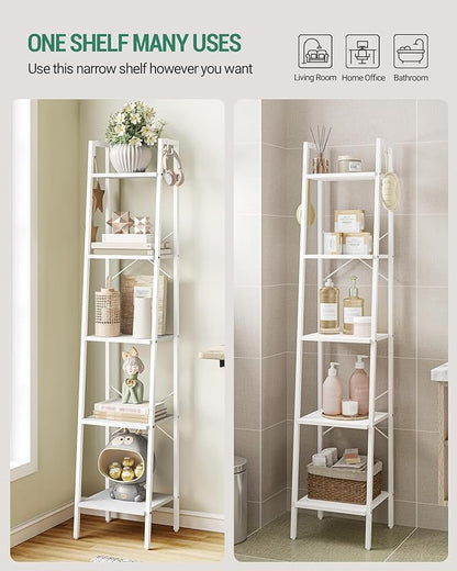 Ladder Shelf, Bookshelf Bookcase, Freestanding Corner Storage Shelve with 2 Hooks for Home Office, Living Room, Kitchen, Bedroom, Industrial, 5-Tier White BC03213W