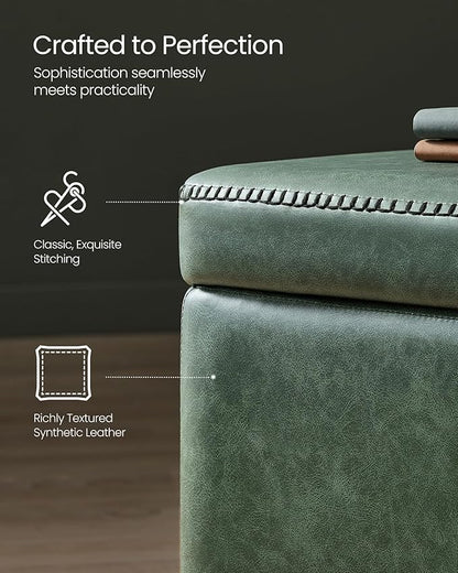 VASAGLE EKHO Collection - Storage Ottoman Bench, Entryway Bedroom Bench, 25 Gallons, Synthetic Leather with Stitching, Mid-Century Modern, Safety Hinges, Loads 660 lb, Forest Green ULOM075C01