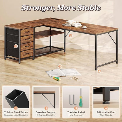 PRAISUN 61" L Shaped Desk with Power Outlets and USB-C Port, Reversible Computer Corner Office Desk with 4 Fabric Drawers and 2 Height-Adjustable Shelves, Large for Gaming Writing Study, Rustic Brown