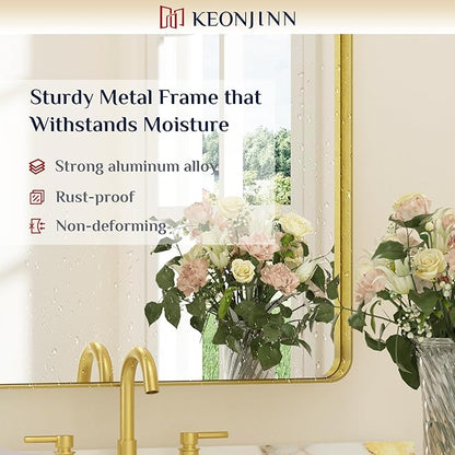 Keonjinn Gold Bathroom Vanity Mirror 48 x 36 Inch Large Rounded Rectangle Vanity Mirror, Brushed Brass Wall Mirror with HD Tempered Glass, Modern Decorative Gold Framed Mirror(Horizontal/Vertical)