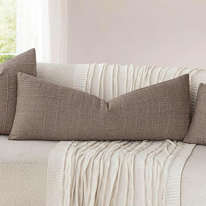 Foindtower Set of 2 Decorative Linen Check Throw Pillow Covers Neutral Long Body Lumbar Cushion Covers Farmhouse Vintage Boho Home Decor for Sofa Chair Couch Bedroom Living Room,14×36 Inch,Tan Taupe