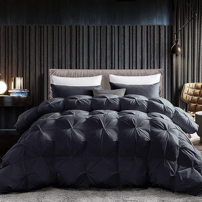 Luxurious All-Season Goose Down Feather Fiber Comforter Oversize Queen Duvet Insert (98x98), Exquisite Pinch Pleat Design- Black, Premium Baffle Box, 100% Egyptian Cotton Cover, 70 oz. Fill Weight