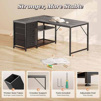 PRAISUN 43.3" Small Computer Desk with Power Outlets and USB-C Port, Reversible L Shaped Corner Office Desk with 4 Fabric Drawers and 2 Height-Adjustable Shelves, for Gaming Writing, Grey