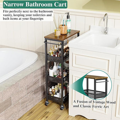 Utility Slim Storage Cart, 4-Tier Narrow Bathroom Organizer and Storage Cart, Metal Narrow Kitchen Laundry Room Organization Rack with Wood Top, Slim Rolling Shelf with Wheels for Small Space