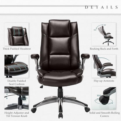 Leather Executive Office Chair - High Back Home Computer Desk Chair with Padded Flip-up Arms, Adjustable Tilt Lock, Swivel Rolling Ergonomic Chair for Adult Working Study, Brown