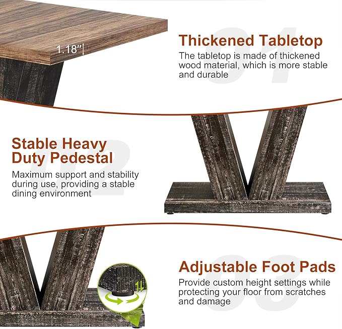 47 Inch Dining Table for 4, Farmhouse Dinner Table Wooden Kitchen Tables with Heavy Duty Pedestal for Dining Room, Kitchen, Living Room, Brown & Black
