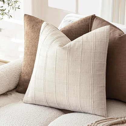 Foindtower Set of 2 Decorative Linen Check Throw Pillow Covers Neutral Farmhouse Vintage Cushion Covers Modern Boho Home Decor For Sofa Chair Couch Bedroom Living Room Outdoor,16×16 Inch,Natural Beige