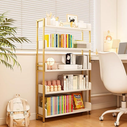 Wide Open Shelf Bookcase - Modern 5-Tier Floor Standing Display Bookshelf with Top Edge for Home and Office, Storage Shelving in Warm White with Gold Frame