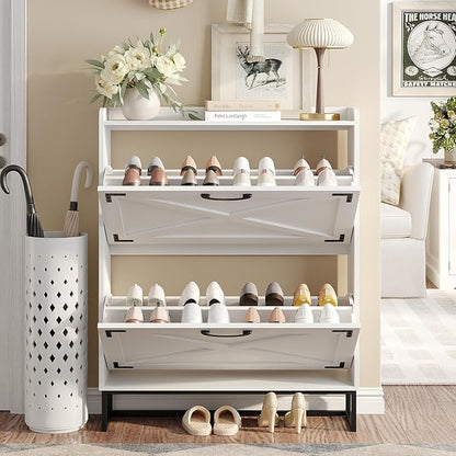 Maupvit Shoe Storage Cabinet with 2 Flip Drawers, Freestanding Organizer with Metal Legs for Entryway, Narrow Shoe Rack Cabinet, Black White